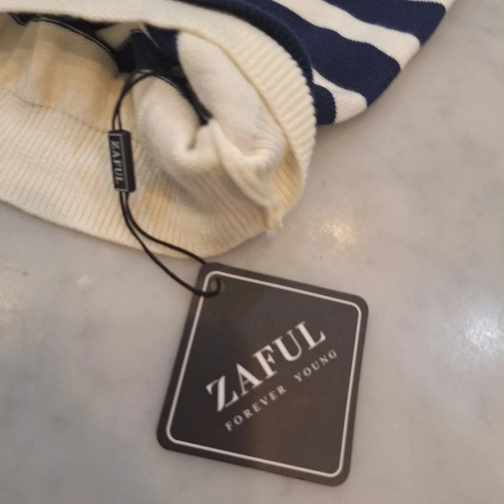 New Zaful Striped Lt Weight Wom XL Blue White Nautical Crew Neck Knit Pullover - Picture 2 of 6